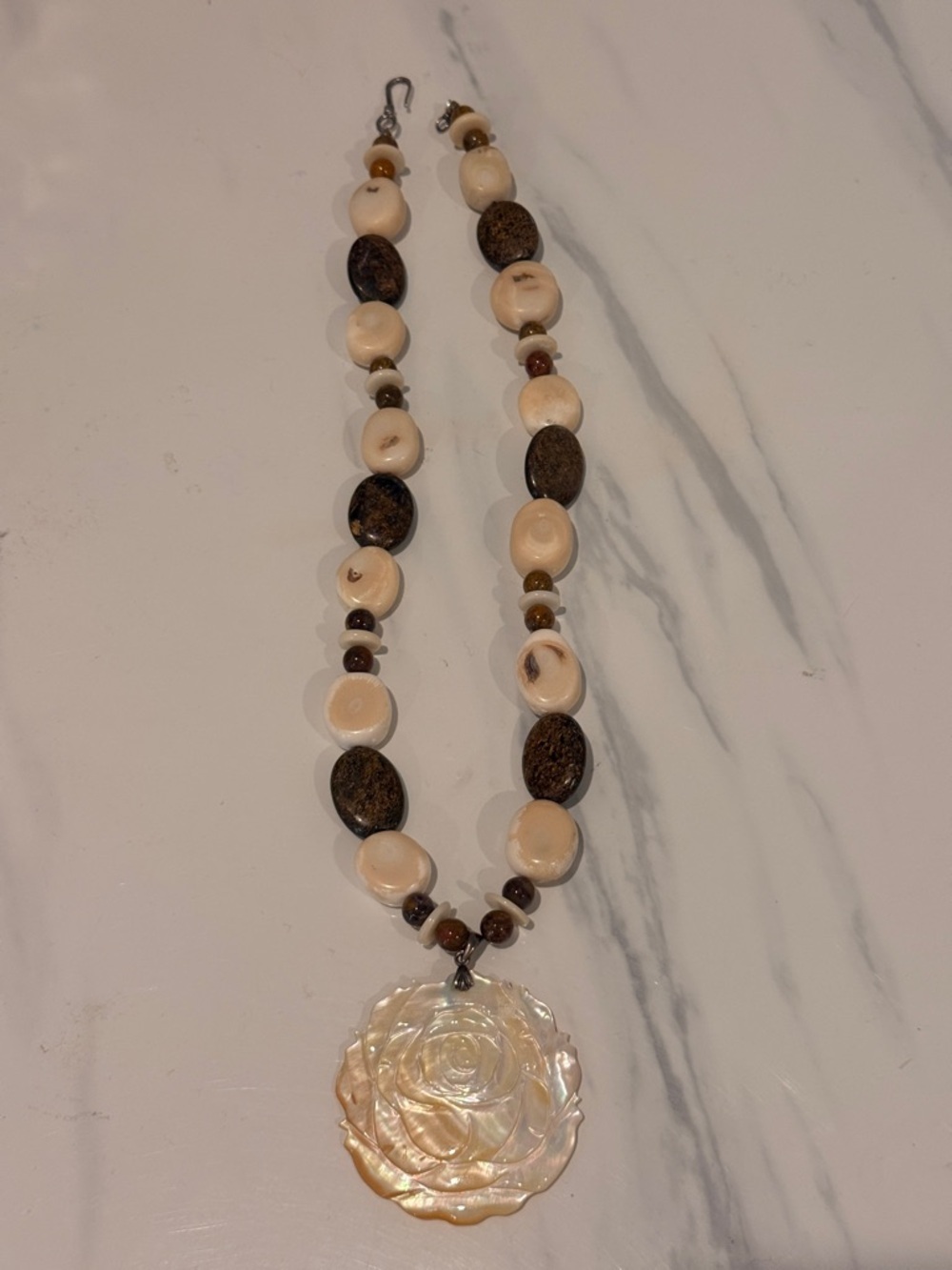 Handcrafted Cream & Brown Mother of Pearl Shell Pendant Necklace